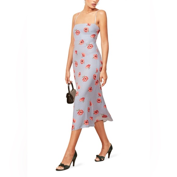 Reformation viscose blend Midi Dress In Lola Poppy Large Blue Red Floral 6 - Picture 1 of 8